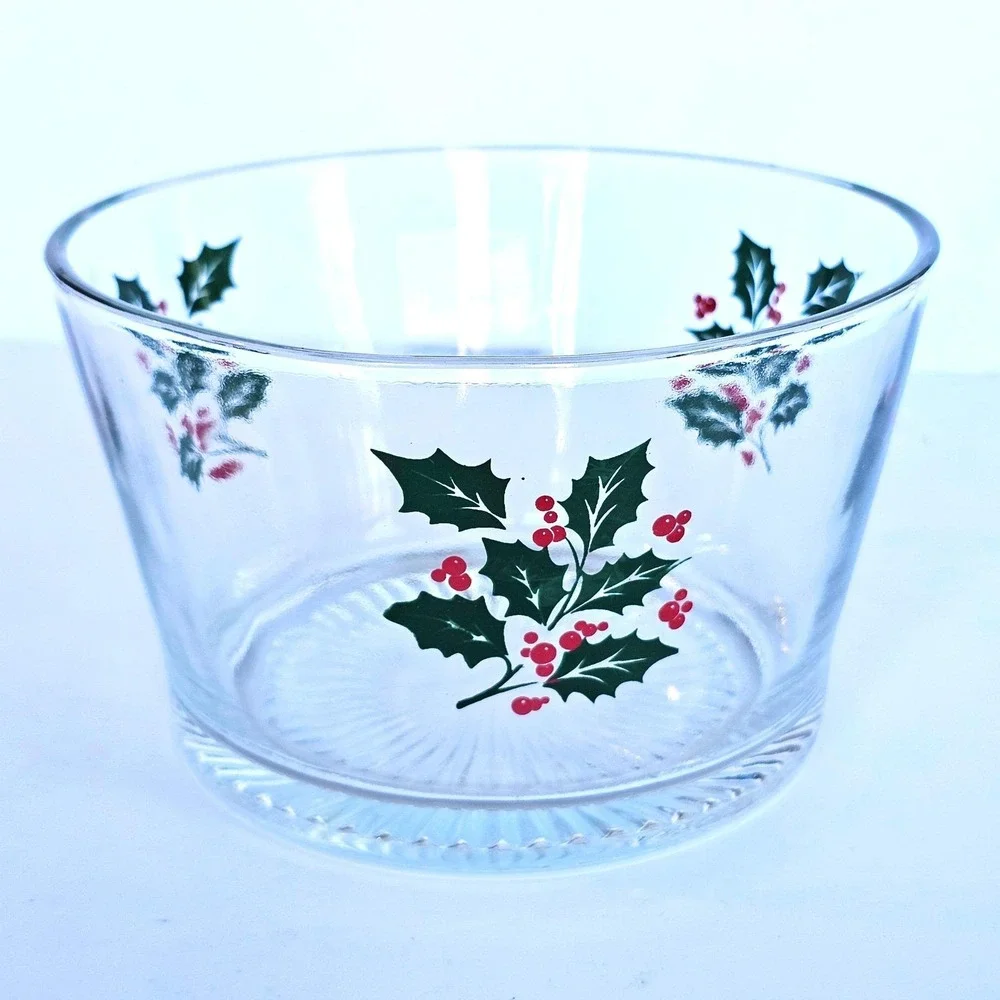 Vintage Christmas Glass Serving Bowl Holly Berry Pattern Holiday Tablescape